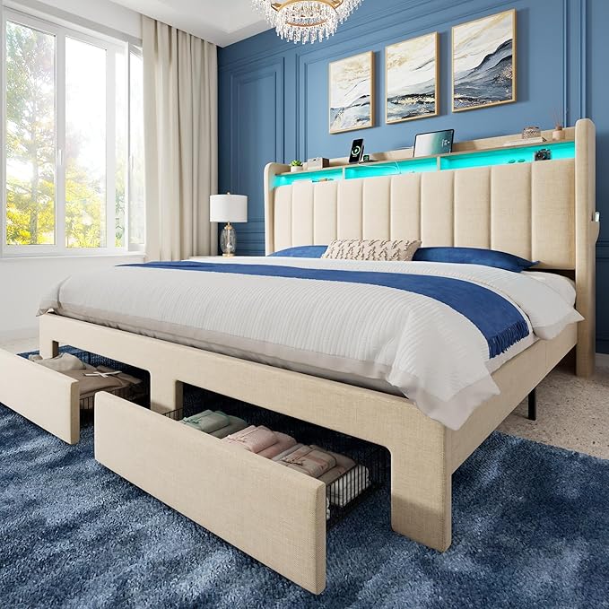 Allewie Vertical Tufted King Size Upholstered Platform Bed Frame with 2-Tier LED Storage Headboard & 2 Storage Drawers, USB & Type-C Charging Ports, Noise-Free/No Box Spring Needed, Beige