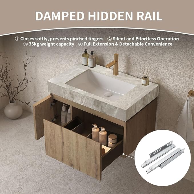 Bathroom Vanity with Sink 30 Inch, Floating Bathroom Vanity Sink Cabinet with Drawer and Door, Undermount Sink & Light Gray Sintered Stone Top, Pre-Assembled, White Oak