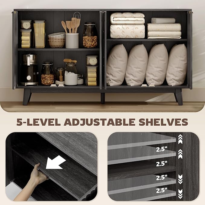 HOMCOM Fluted Sideboard Buffet Cabinet, 55" Modern Accent Console Cabinet with 4 Doors, 2 Adjustable Shelves and 5 Wood Legs, Dark Gray