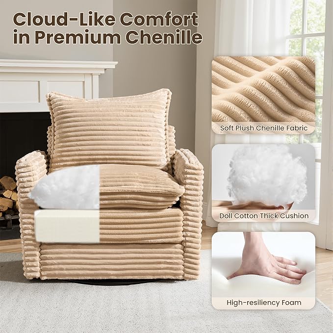 98" Modular Sectional Sofa Set with Swivel Chair, Modern Cloud Couch Plush Corduroy 3 Seater Deep Seat Sofas with Accent Armchair for Living Room Small Space, Beige