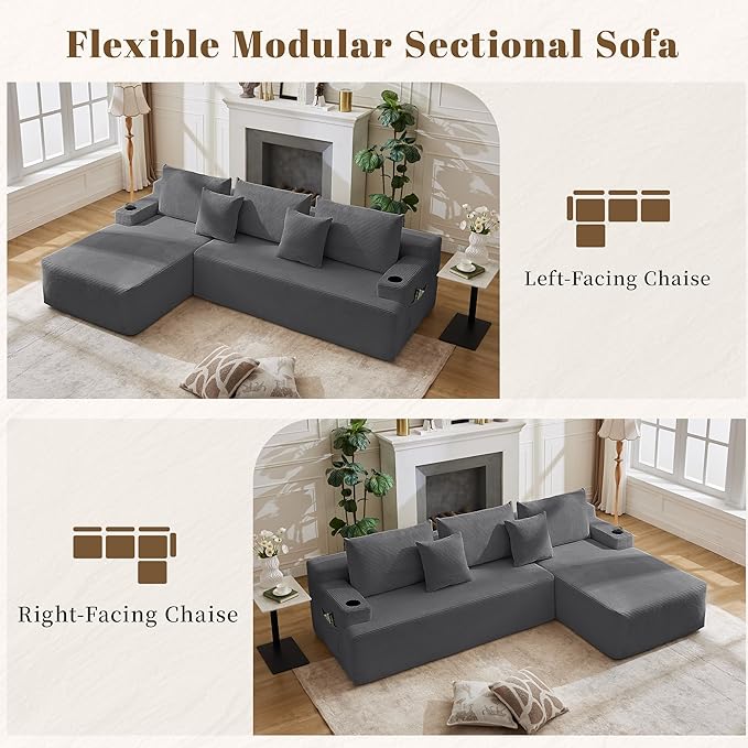 106" Cloud Sectional Couch, Modular Sectional Sofa with L-Shape Chaise, Corduroy Boneless Couch with Deep Seat, Upholstered Sofa for Living Room, No Assembly Required(Left-Facing Chaise, Dark Grey)