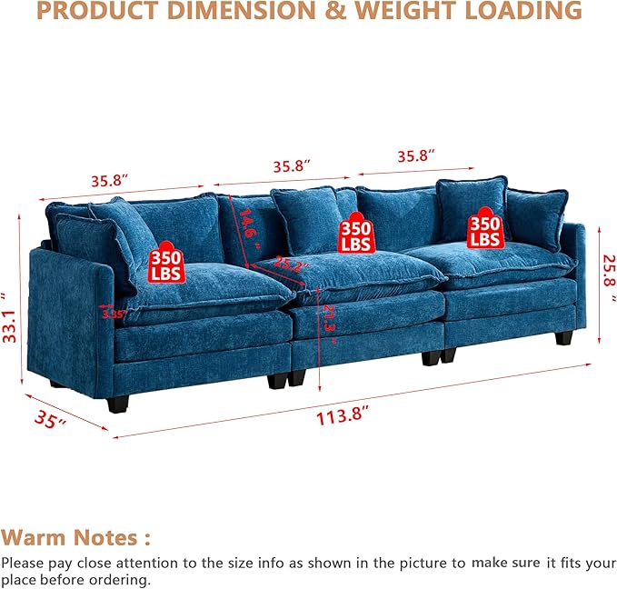 Aoowow Modular Sectional 3 Seater Cloud Sofa Couch for Living Room,Roomy Cloud Sofas with Deep Seat,Modern Chenille 3 Seat Sofas,Fluffy Cloud Couches for Bedroom,Apartment,Office (Blue, 3 Seater)