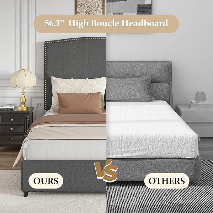 Full Size Bed Frame with Headboard, 56" Upholstered Platform Bed with Nailhead Trim, Soft Boucle Fabric, No Box Spring Needed, Easy Assembly, Grey