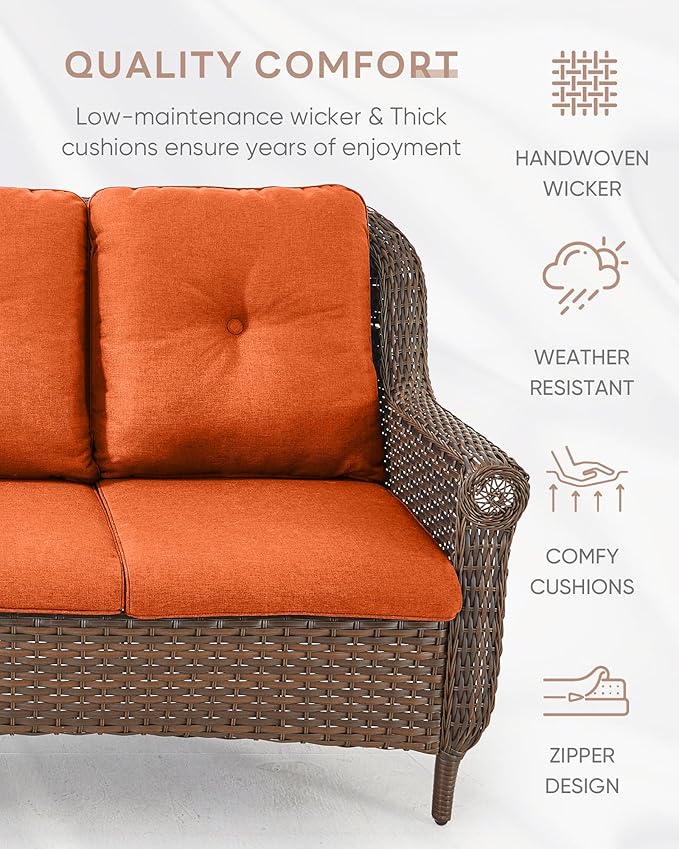 Patio Couch Outdoor Wicker Sofa - Heavy Duty All-Weather Brown Rattan 3-Seater with High Back and Comfortable Thick Cushions for Garden Back Porch Poolside Apartment - Orange