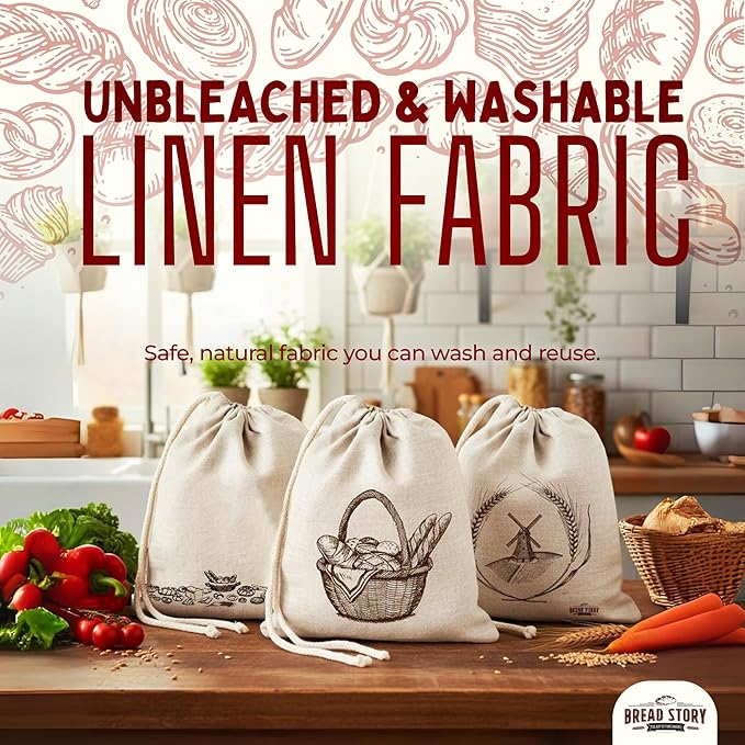 Linen Bread Bag – Reusable Linen Bags for Homemade Bread & Sourdough | Cloth Bags for Sourdough, Artisan Loaves, & Pastries | Unbleached Natural Fabric with Drawstring Closure, 3-Pack, 11 x 15"