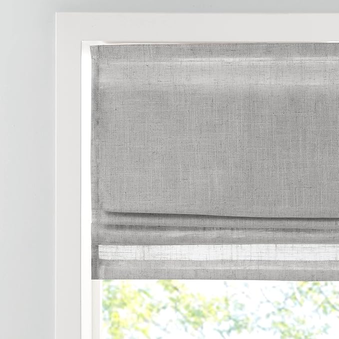 Madison Park Kyler Cordless Roman Shades - Single Panel, Lightweight Linen Blend Fabric, Natural Design, Easy Installation, Light Filtering Window Blind, Bedroom, Living Room Decor 34" W x 64" H Grey