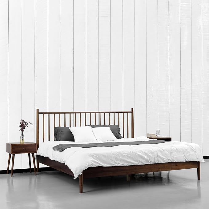 NTC Inno Wooden Bed Frame with Headboard, Solid Oak and Rubber Wood Foundation with Silent Slats and Wood Central Supports, 1000 Lb Capacity, Effortless Assembly, King - Dark Walnut