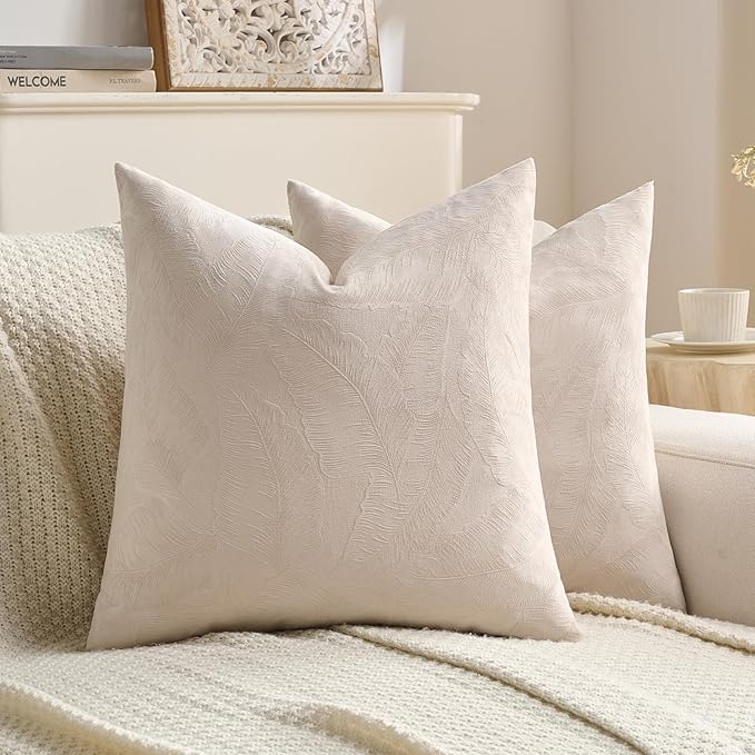FUTEI Beige Velvet Throw Pillow Covers 22x22 Inch Set of 2,Soft Embossed Leaf-Relief Textured Cushion Cases,Natural Home Decor for Couch Living Room