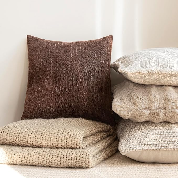 Foindtower Pack of 2 Soft Textured Chenille Throw Decorative Pillow Covers Square Accent Solid Cushion Cover Cozy Neutral Farmhouse Pillow Case for Couch Sofa Bedroom Living Room 20x20 Inch,Red Brown