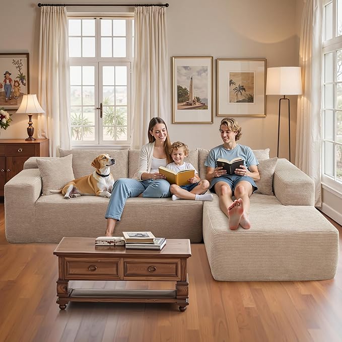 106" Cloud Sectional Couch with Chaise Lounge,L Shaped Modular Modern Sofa,Comfy Corduroy Fluffy Couches with Deep Seat,No Assembly Required Couch for Living Room(Right,Stripe Corduroy,Camel)