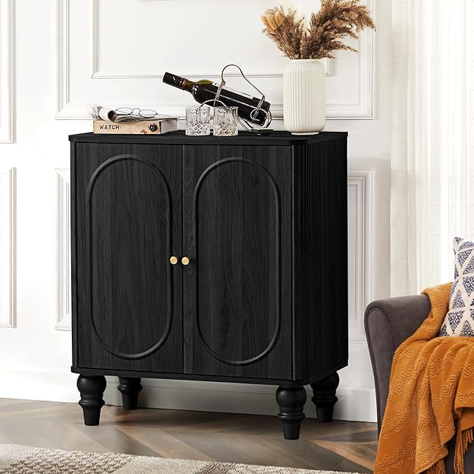 ORRD Fluted Storage Cabinet, Modern Credenza Wooden Accent Sideboard Buffet Cabinet with Adjustable Shelves and Solid Wood Legs, Console Table for Kitchen Dining Living Room Entryway, Black