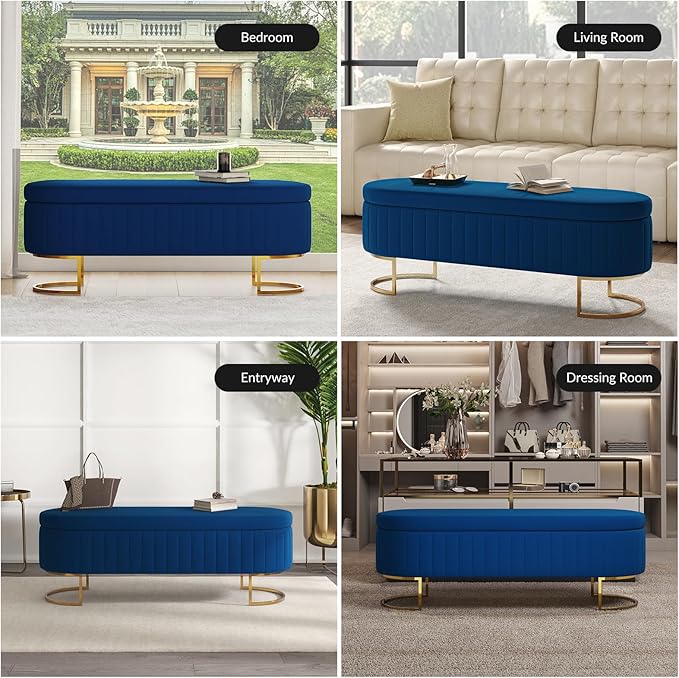 EcoHarbor Living 55.5" Storage Bench Ottoman End of Bed Bench Bedroom Bench, Upholstered Velvet Long Window Bench Large King Size with Gold Legs, Flipping Lid Entryway Footrest