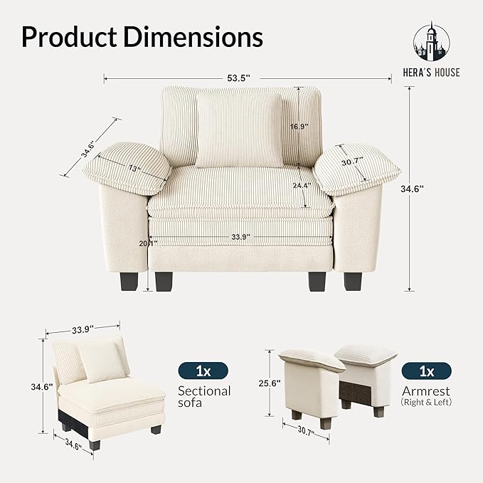 HERA'S HOUSE Oversized Modular Sectional Sofa, 54" Armchair Cloud Couch Mixed Fabric Sleek Couches for Living Room, Beige