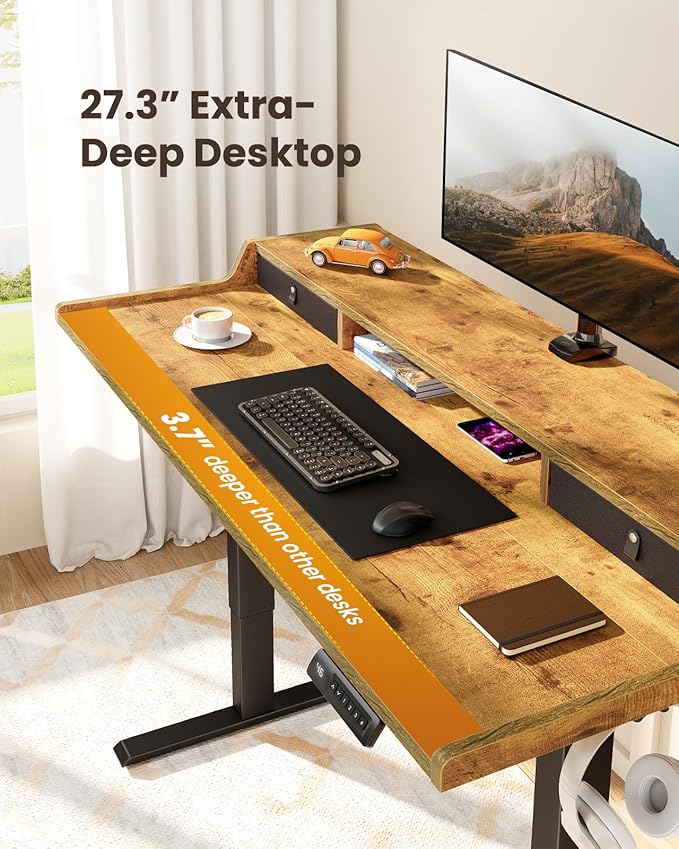 ErGear Electric Standing Desk with Drawers, 55″ x 28″ Gaming Table Compatible Monitor Stand, Stand up Desks, Home Office Height-Adjustable Desk with Storage Shelf, 4 Preset Heights, Vintage Brown