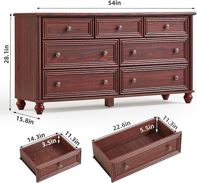 7 Drawers Dresser for Bedroom, Farmhouse 54" Wide Wood Dressers Chest of Drawers, Vintage Design TV Stand, Rustic Storage Dresser Organizer with Metal Handle Closet for Living Room, Hallway