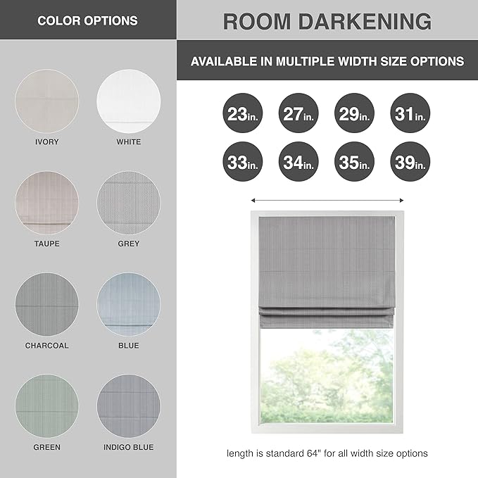 Madison Park Galen Cordless Roman Shade, 39"W x 64"H, Sheen Grey – Room Darkening, Thermal Insulated, Energy Efficient Window Blind with Subtle Sheen Basketweave Fabric for Privacy