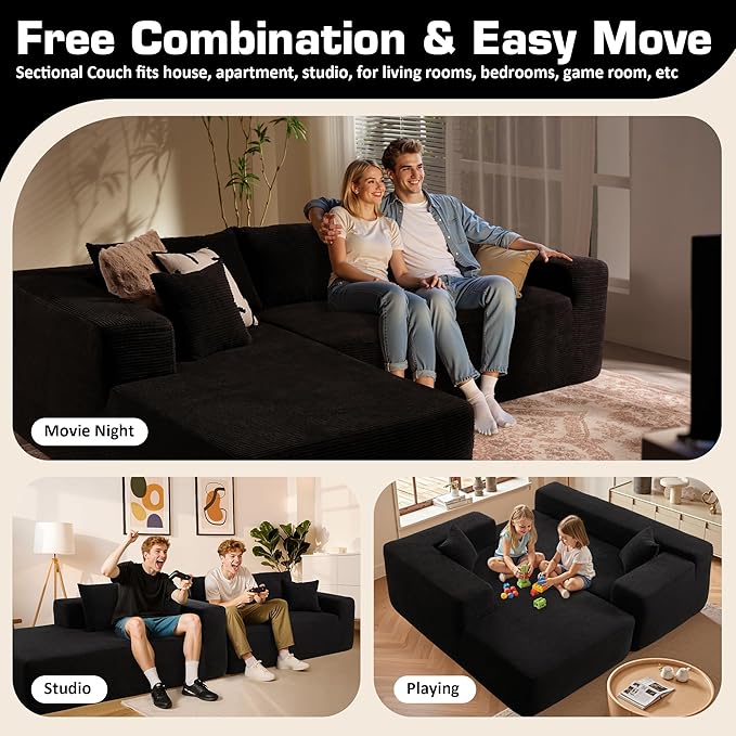 106" Cloud Sectional Couch with Chaise Lounge,L Shaped Modular Modern Sofa,Comfy Corduroy Fluffy Sofa with Deep Seat,No Assembly Required Couch for Living Room(Left,Stripe Corduroy,Black)