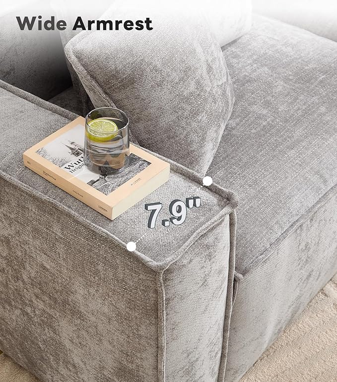 WILLOVE 47'' Single Sofa with Ottoman, Chenille Cloud Couch with Wide Armrests & 3 Pillows, Deep Seat Couches for Living Room, Grey