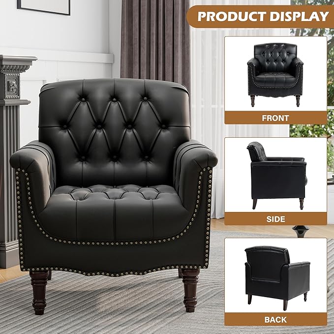 UIXE Faux Leather Accent Chairs Set of 2, Comfy Club Chair Upholstered Armchair for Living Room, Button Tufted Arm Chair Retro Single Sofa Side Reding Seat for Bedroom - Black