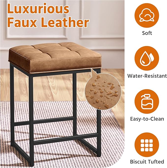 Yaheetech Bar Stools Set of 2, 24 Inch Counter Height Bar Stools Set, Backless Kitchen Island Stools, Faux Leather Stools for Kitchen Island, Brown