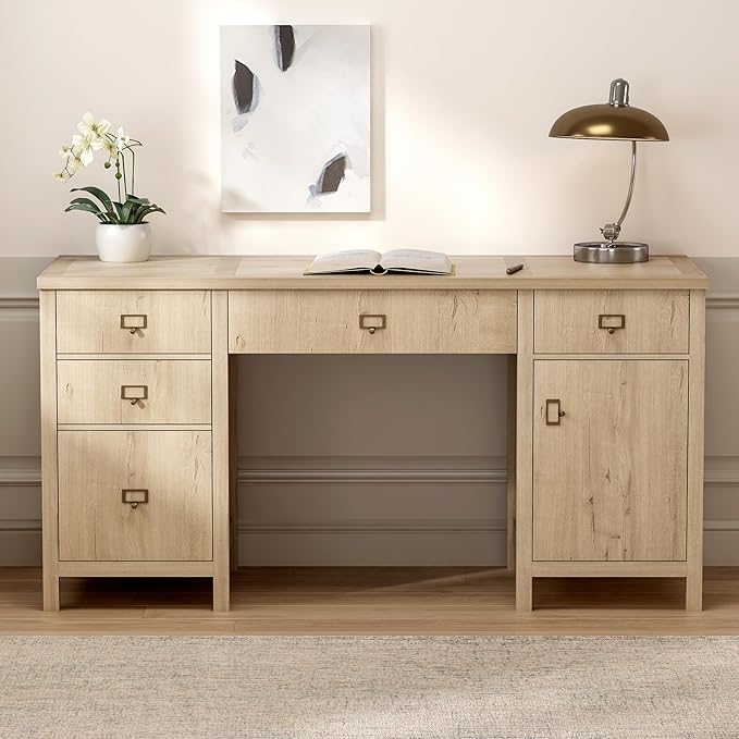 Modern Executive Desk with File Drawers Cabinet,59" Computer Desk with Charging Station, Keyboard Tray, Large Home Office Desk, Farmhouse Wood Desk for Study, Writing, Light Oak