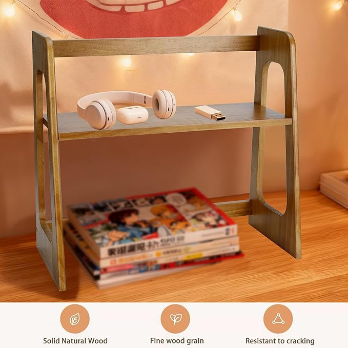 Solid wood walnut-colored bookshelf, book organizer, 17.5-inch multifunctional desktop bookshelf and countertop display stand. Perfect for kitchen storage, arranging books, teacups, and toys.