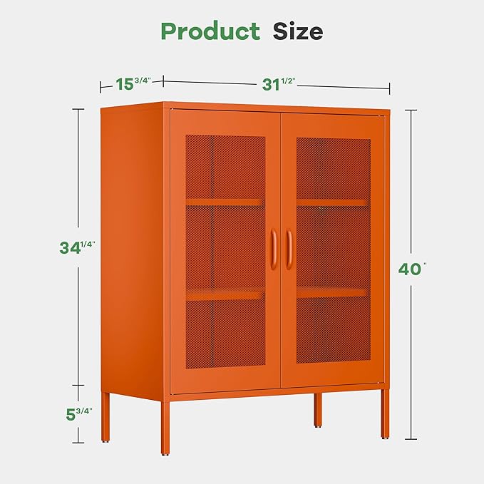 Orange Metal Cabinet,Bathroom Floor Storage Cabinets,40" H Small Orange Locker Cabinets with 2 Adjustable Shelves & 2 Doors
