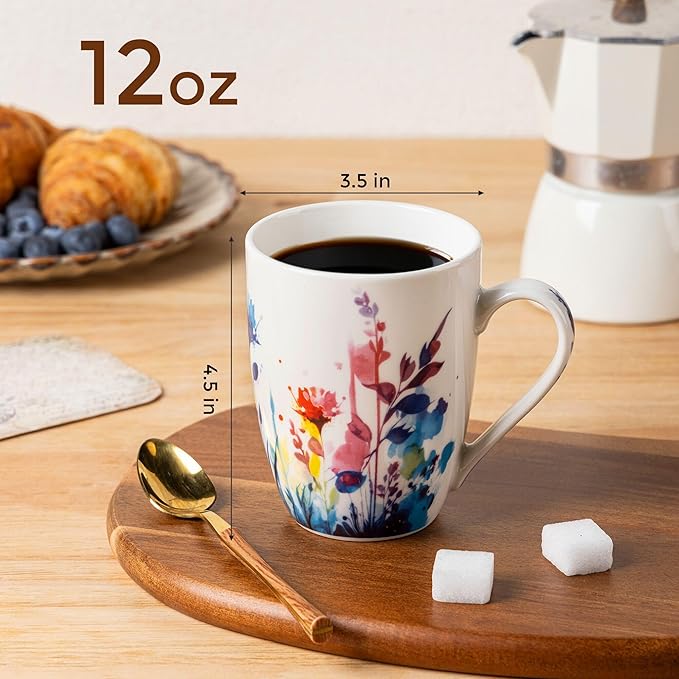 GBHOME 12oz Coffee Mugs Set fo 6, Ceramic Coffee Mugs with Decaled Flowers for Man Woman Mom Dad, Light Weight Coffee Mugs Set for Latte/Cappuccino/Cocoa/Milk, Dishwasher & Microwave Safe
