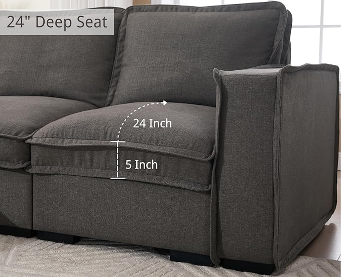 EALSON 93 Inch Modular Sectional Sofa Modern Comfy 3-Seater Couch Sofa Linen Fabric Upholstered Cloud Couches with 24" Deep Seat and Wooden Legs for Bedroom/Living Room/Office, Grey