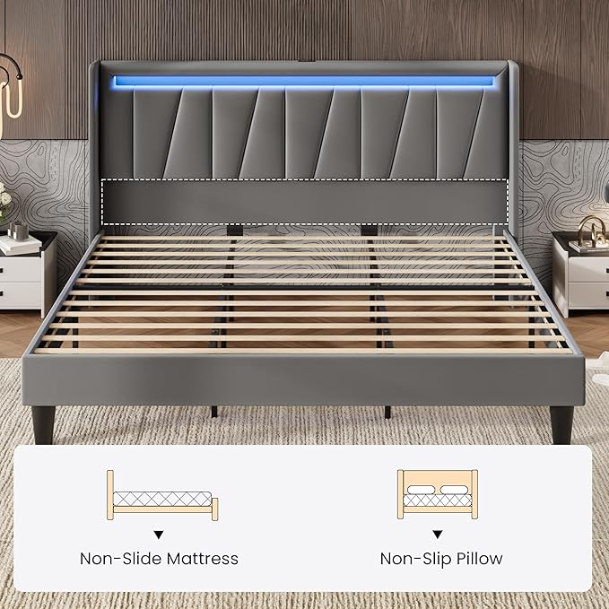 SHA CERLIN King Size Bed Frame with Charging Station and LED Lights, Modern Velvet Platform Bed with Upholstered Geometric Wingback Headboard, No Box Spring Needed, Easy Assembly, Grey