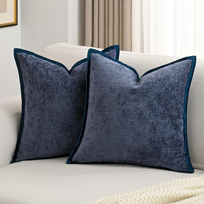FUTEI Navy Blue Chenille Throw Pillow Covers 24x24 Inch Set of 2,Soft Cozy Bound Edge Design European Cushion Cover,Home Decor for Couch Bed Living Room
