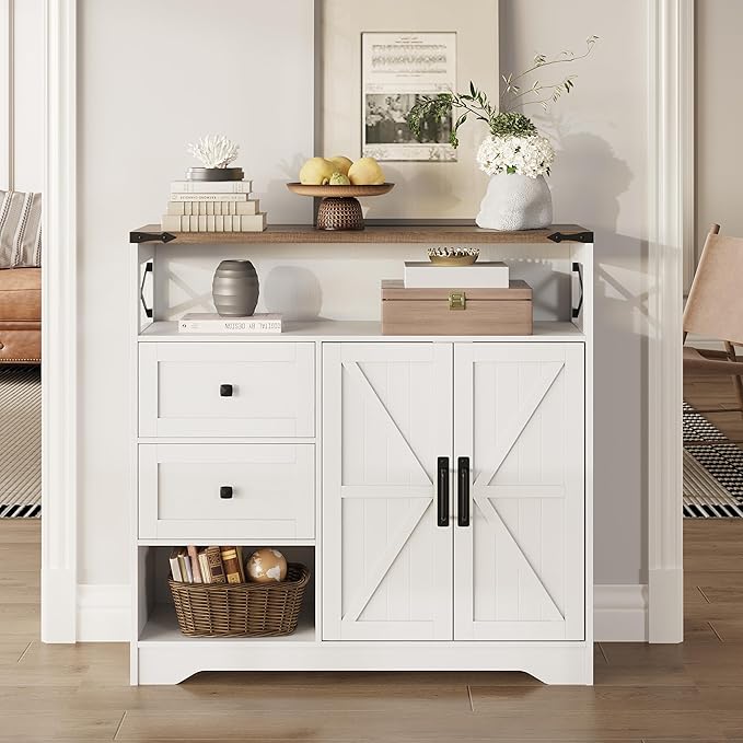 Fameill Farmhouse Storage Cabinet with Drawers and Open Storage,Freestanding Kitchen Pantry with 2 Barn Doors, Floor Cabinet with Adjustable Shelf for Living Room,White