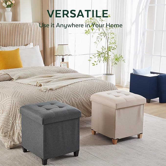 17.7" Ottoman with Storage, Square Storage Ottoman for Dorm, Linen Ottomans with Legs for Living Room, Bedroom, Blue