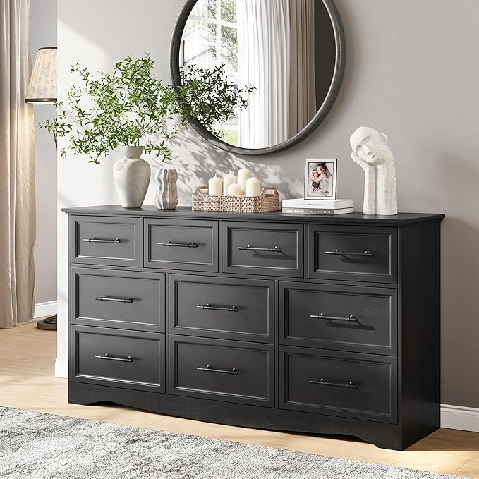 Black Farmhouse Dresser for Bedroom, 59" Wide Chest of Drawers with Brushed Metal Handle, 10 Chest of Drawers, Wood Closet Organizers and Storage Cabinet for Bedroom, Living Room, Hallway
