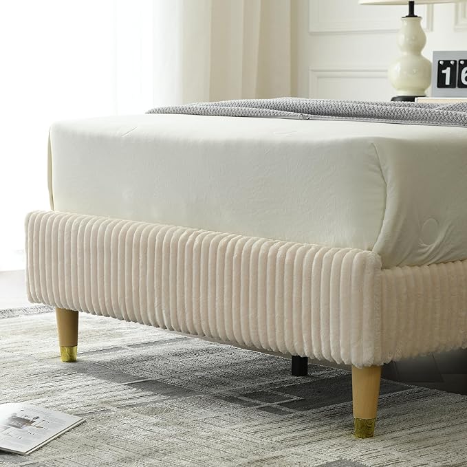 PINJU Twin Size Bed Frame, Upholstered Platform Bed with Modern Vertical Striped Wingback Headboard with Wooden Slats, Easy to Assemble No Noise Free (Beige, Twin)