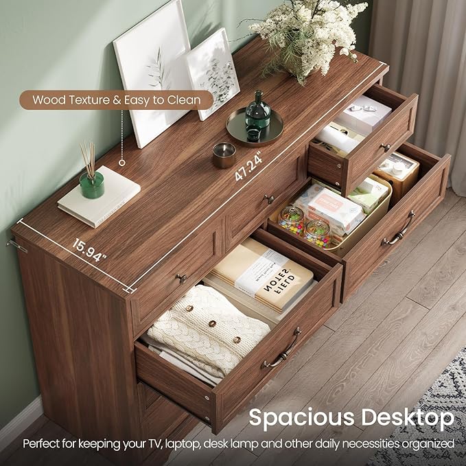 DICTAC Farmhouse 9 Drawers Dresser for Bedroom, Wide Dressers Chest of Drawers, Large Storage Closet Organizer with Natural Texture and Vintage Metal Handle, Wooden Dresser TV Stand for Living Room