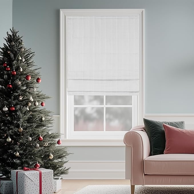 Madison Park Galen Cordless Roman Shade, 27"W x 64"H, Sheen White – Room Darkening, Thermal Insulated, Energy Efficient Window Blind with Subtle Sheen Basketweave Fabric for Privacy