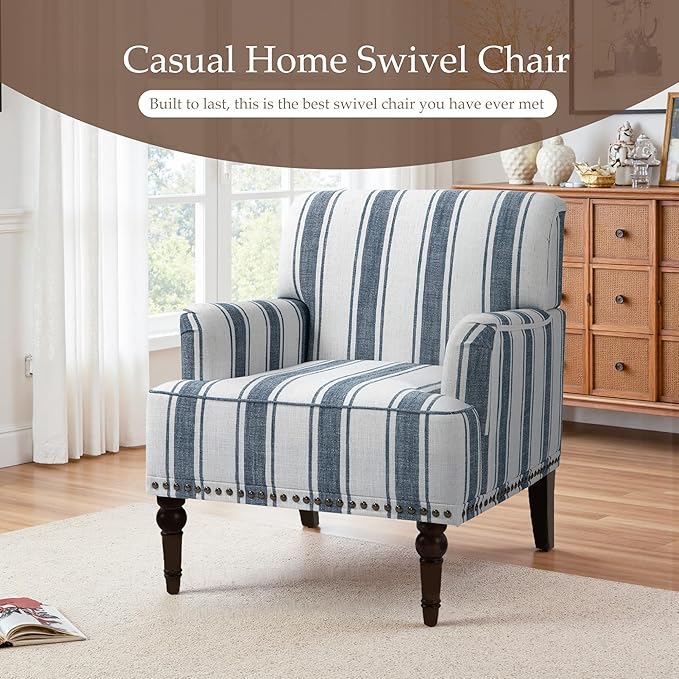 Pia Ricco Stripe Accent Chair-Modern Nailhead Trim & Wood Legs Armchair - Comfy Living Room, Bedroom, or Home Office Seating-Blue
