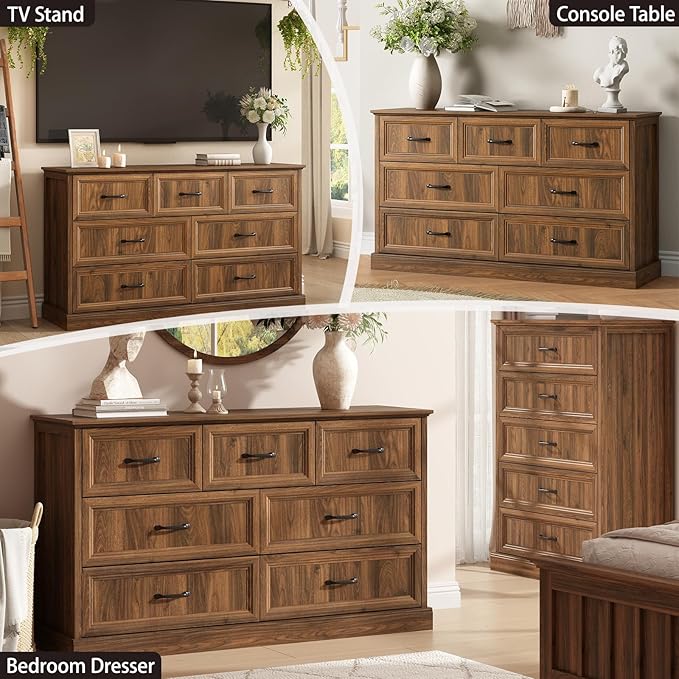 Farmhouse 7 Drawer Dresser for Bedroom, 55 Inch Wide Modern Walnut Dresser TV Stand with Large Drawers & Bar Handles, Rustic Wood Chest of Drawers for Bedroom, Living Room, Hallway, Entryway.