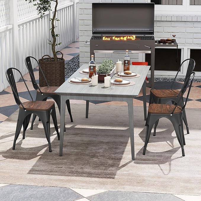 COSTWAY 18 Inch Dining Chair Set of 4, Industrial Vintage Stackable Metal Chairs, Counter Bar Chairs with High Backrest, Wood Seat, for Home, Kitchen and Cafe Bar Use