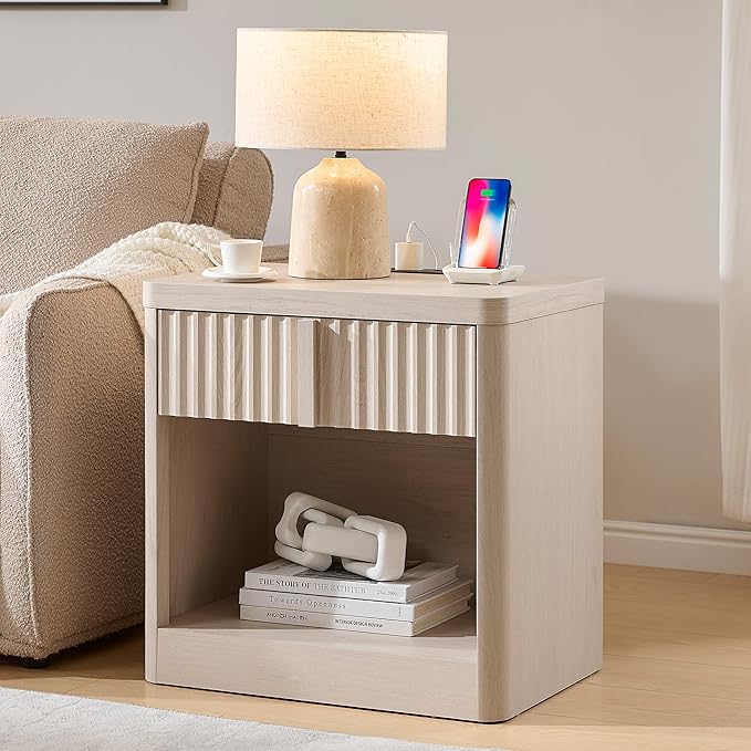 Fluted Nightstand with Charging Station, 23.6" End Table with Open Shelf and Drawers Storage, Bedside Table with Solid Wood Handle, Curved Profile Design, Night Stand for Bedroom