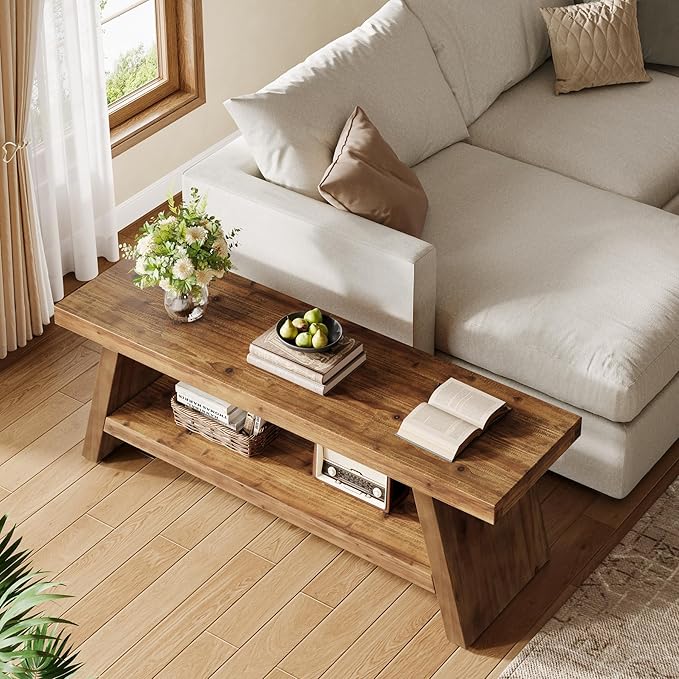 2-Tier Entryway Bench, Hallway Foyer Solid Wood Seating with Open Shelves, Wooden Shoe Bench Indoor for Entryway, Living Room, Bedroom (Rustic Brown)