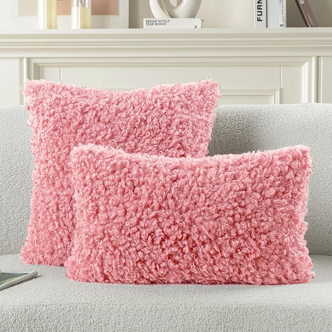 FUTEI Pink Decorative Throw Pillow Covers 18x18 Inch Set of 2,Soft Fluffy Faux Wool Fur Boucle Textured Cushion Case,Modern Home Decor for Couch Bed Living Room Office