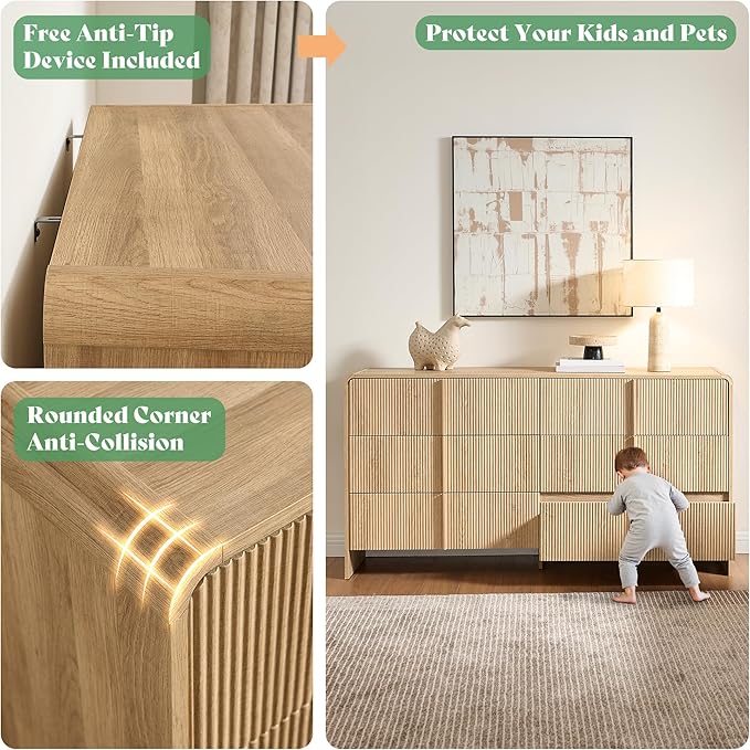 AMERLIFE 63" Fluted 6 Drawer Dresser, Long Modern Chest of Storage Drawers with Pine Handles, Rounded Corners & Anti-Tip Design, Wood Closet Organizer for Bedroom, Living Room, Nursery, Natural Oak