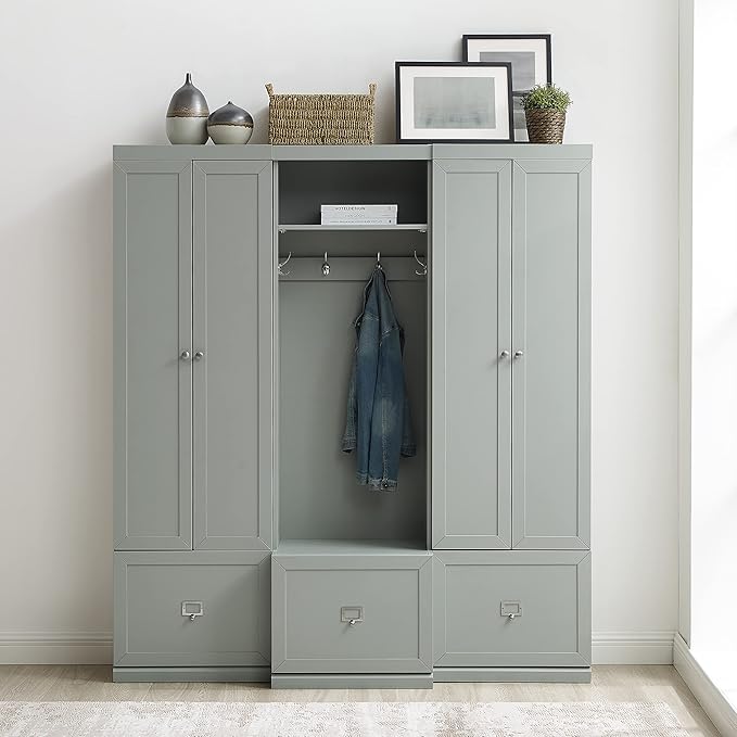 Crosley Furniture Harper 3-Piece Hall Tree and Storage Cabinet Set with Entryway Bench and Hooks for Hanging, Gray