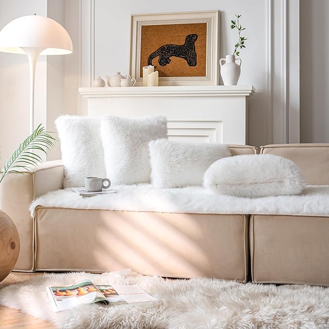 Neelvin Cream White Faux Fur Cozy Fluffy Double-Sided Decorative Throw Pillow Covers 20x20 inch Set of 2,Velvet Pillowcase Cushion Case for Sofa Couch