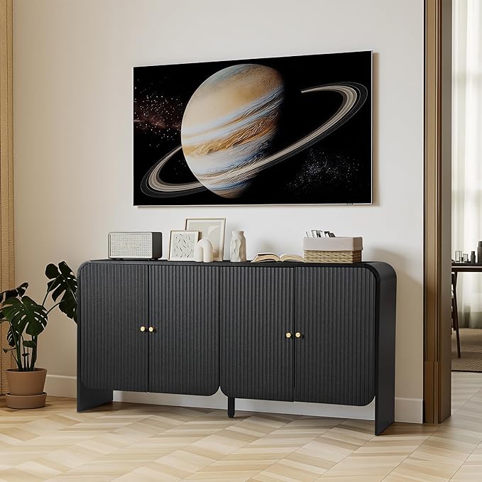 Fluted Sideboard Buffet Cabinet with Storage, 59'' Curved Buffet Cabinet with 4 Doors & Shleves, Modern Credenza Wood Coffee Bar Table Console for Dining Room Kitchen Living Room Entryway, Black