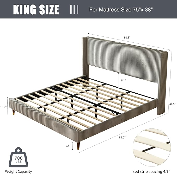 PINJU King Size Bed Frame, Upholstered Platform Bed with Modern Vertical Striped Wingback Headboard with Wooden Slats, Easy to Assemble No Noise Free (Grey, King (U.S. Standard))