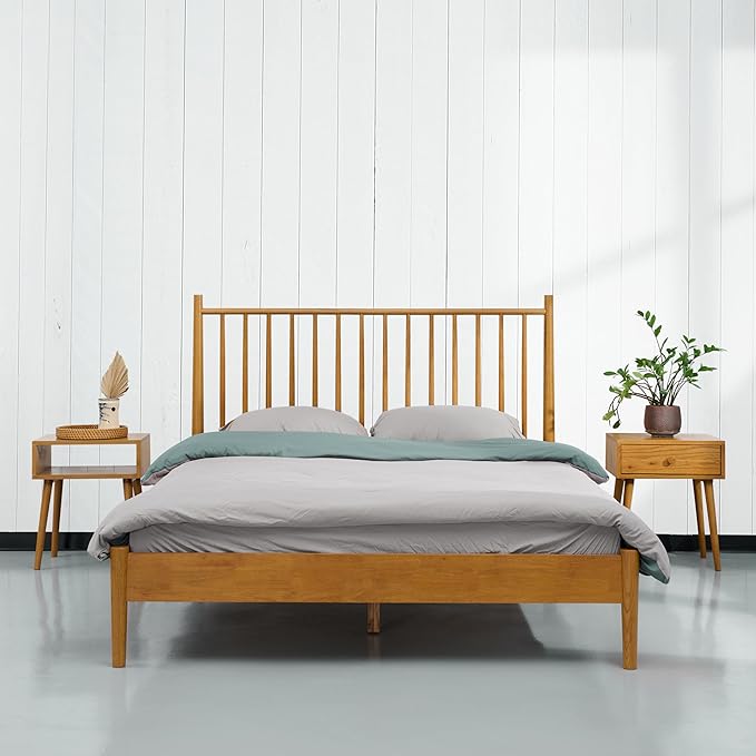 NTC Inno Wooden Bed Frame with Headboard, Solid Oak and Rubber Wood Foundation with Silent Slats and Wood Central Supports, 1000 Lb Capacity, Effortless Assembly, Queen Rustic - Oak