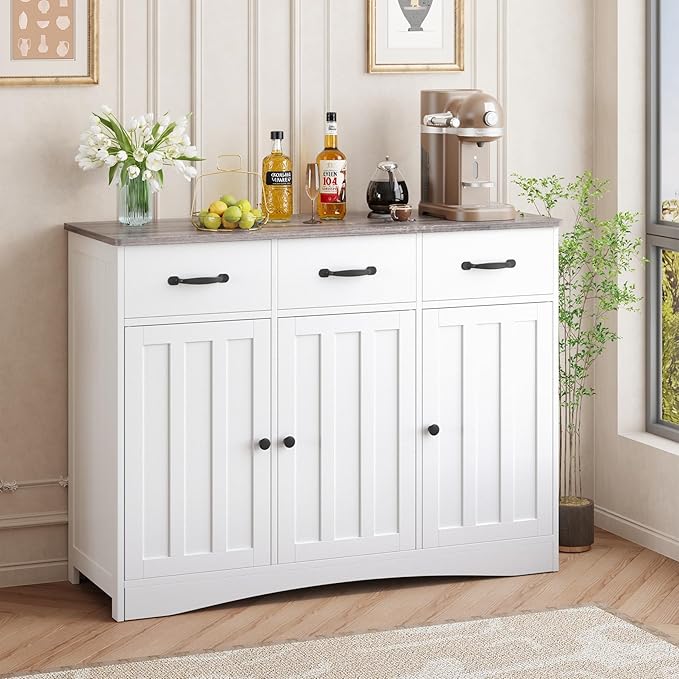 Gizoon Farmhouse Sideboard Buffet Cabinet, 42.5'' Kitchen Storage Cabinets with 3 Drawers and Barn Doors, Wood Coffee Bar Cabinet with Adjustable Shelf for Kitchen, Dining Room, Living Room, Grey